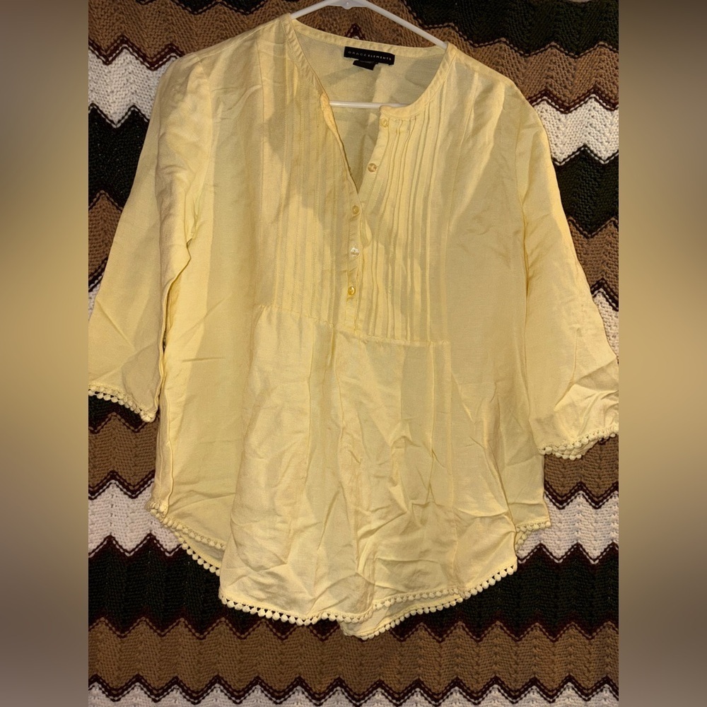 Grace Elements Yellow 3/4 Sleeve Top Blouse Linen Blend Size S Baby Doll Tunic